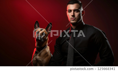 Malinois dog and man portrait showcasing loyalty, companionship, and animal bond 125668341