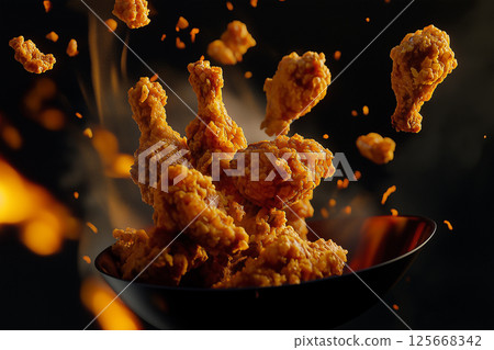 Crispy fried chicken drumsticks swirling in bold fiery motion capture delicious flavor taste Crispy fried chicken drumsticks swirling in bold fiery motion capture delicious flavor taste 125668342