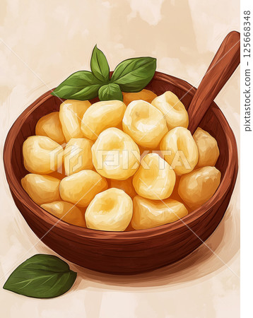 Delicious Italian homemade gnocchi with fresh basil, the perfect traditional pasta dish Delicious Italian homemade gnocchi with fresh basil, the perfect traditional pasta dish 125668348