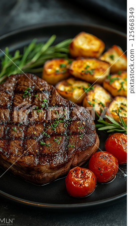 Grilled steak with herbs, tomatoes, and roasted potatoes - a delicious gourmet dinner meal 125668349
