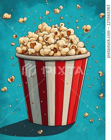 Crunchy popcorn in a striped bucket, perfect buttery snack for cinema or home movie nights Crunchy popcorn in a striped bucket, perfect buttery snack for cinema or home movie nights 125668363