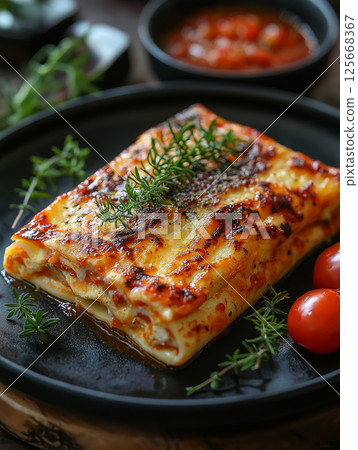 Delicious lasagna pasta, an Italian food with cheese, tomatoes, and herbs on a plate. Delicious lasagna pasta, an Italian food with cheese, tomatoes, and herbs on a plate. 125668367