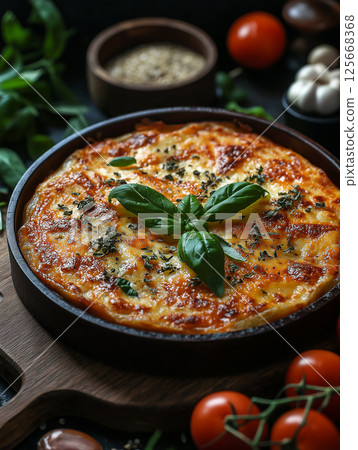 Delicious pizza with cheese, basil, and tomatoes - a tantalizing meal for food lovers 125668368