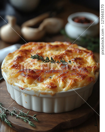 Gourmet baked meal with cheese, delicious dish and savory comfort food in culinary cuisine Gourmet baked meal with cheese, delicious dish and savory comfort food in culinary cuisine 125668370