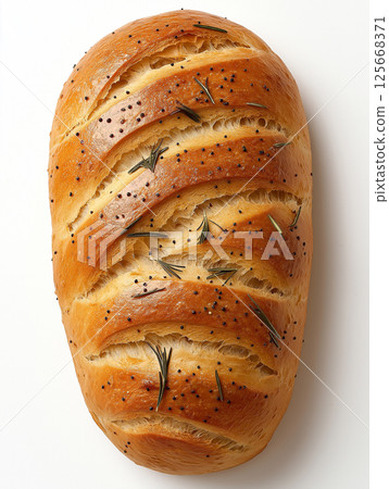 Freshly baked bread loaf with golden crust and poppy seeds, perfect for artisan food lovers 125668371