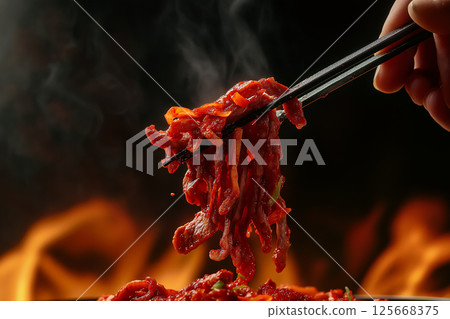 Delicious food featuring spicy noodles with chopsticks amidst flames and steam, an Asian cuisine delight Delicious food featuring spicy noodles with chopsticks amidst flames and steam, an Asian cuisine delight 125668375
