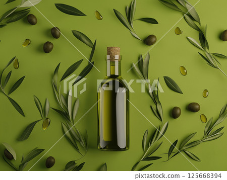 Olive oil bottle with green leaves isolated on green background, natural and organic freshness Olive oil bottle with green leaves isolated on green background, natural and organic freshness 125668394