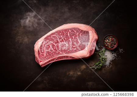 Delicious raw beef steak with marbling for gourmet cooking in the kitchen 125668398