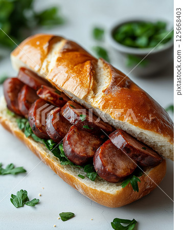 Delicious sausage sandwich with parsley in a fresh bun, a perfect grilled meal for lunch 125668403