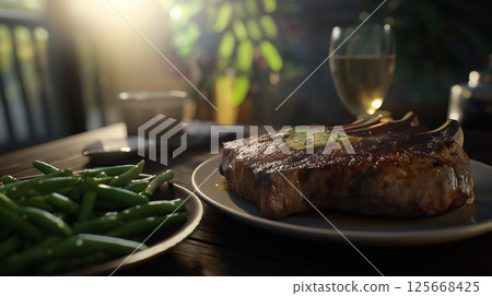 A delicious grilled steak gourmet meal on a plate, showcasing succulent meat for dinner 125668425