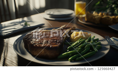 Juicy steak dinner meal with gourmet appeal served on a plate, delicious beef cuisine 125668427