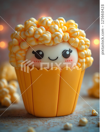 Cute popcorn character with adorable smile and kawaii design, a playful food decor concept 125668428