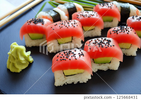 Delicious sushi with tuna, nigiri, rice, and wasabi on a gourmet plate featuring black seeds Delicious sushi with tuna, nigiri, rice, and wasabi on a gourmet plate featuring black seeds 125668431