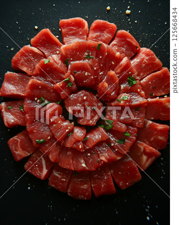 Fresh raw beef meat slices with parsley arranged in a spiral pattern and marbled texture 125668434