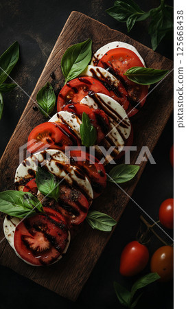 Caprese salad with fresh tomato, basil, and mozzarella beautifully plated on rustic wooden board 125668438