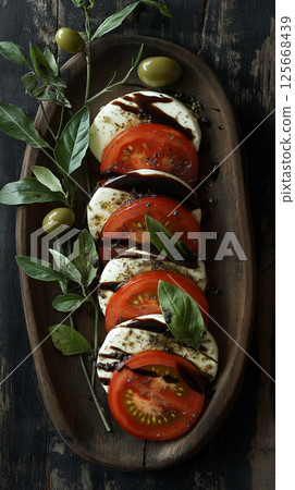 Caprese salad with tomato, cheese, basil, and olives on a wooden platter for a fresh appetizer Caprese salad with tomato, cheese, basil, and olives on a wooden platter for a fresh appetizer 125668439
