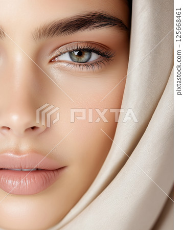 A stunning beauty portrait showcasing makeup with close-up details of eye and skin 125668461