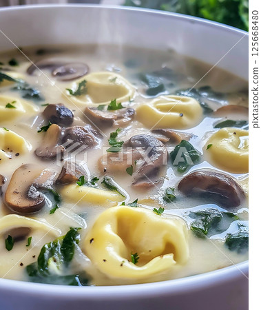 Delicious creamy tortellini mushroom soup with spinach in a steaming bowl, garnished with parsley 125668480