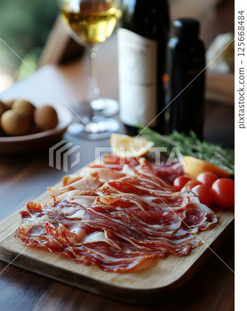 Prosciutto gourmet appetizer with wine and delicious slices on a rustic platter 125668484