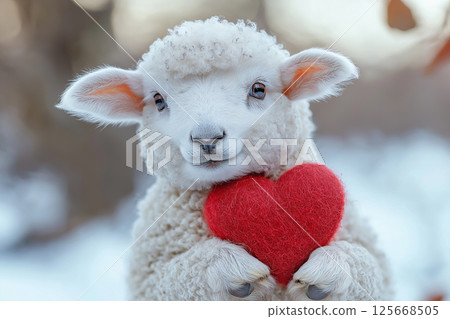 Adorable lamb with heart in snowy setting, featuring wool, sheep, and cute expressions 125668505