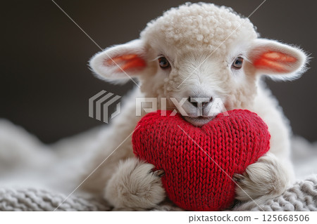 Charming lamb holding a red knit heart with cute wool and adorable fluffy expression 125668506