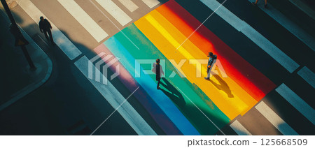 Rainbow crosswalk with colorful pedestrian movement in urban city street shadows and colors Rainbow crosswalk with colorful pedestrian movement in urban city street shadows and colors 125668509