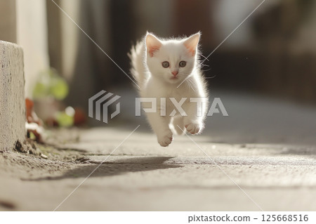 Playful kitten leaping outdoors: white, fluffy and adorable young feline pet 125668516