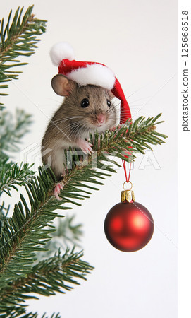 Cute mouse with Santa hat on Christmas tree branch holding a holiday ornament 125668518