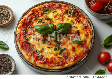 Delicious Italian pizza with fresh basil, cheese, and tomato for gourmet dining experience Delicious Italian pizza with fresh basil, cheese, and tomato for gourmet dining experience 125668532