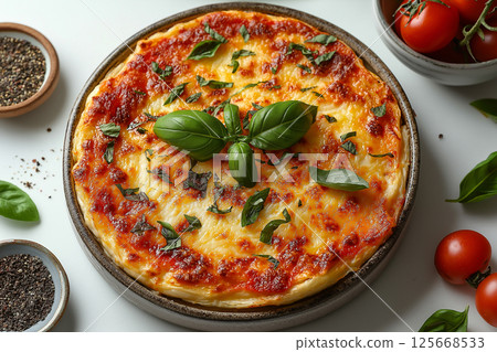 Delicious homemade pizza with basil, cheese, tomato on a plate, perfect gourmet Italian meal Delicious homemade pizza with basil, cheese, tomato on a plate, perfect gourmet Italian meal 125668533