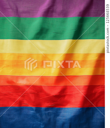 Rainbow colorful pride flag with vibrant spectrum stripes and fabric texture 125668539