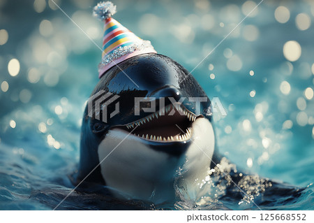 Orca celebration party with a hat in water, featuring marine life and an oceanic mammal smile 125668552