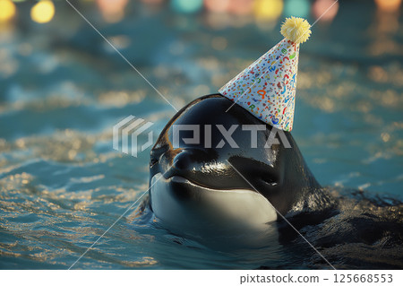 Orca at a party celebrating with a hat in the water, surrounded by joy and fun marine life 125668553