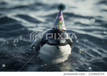 Celebration with a whale in the ocean wearing a party hat during a birthday celebration 125668554