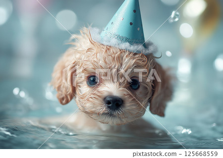 Adorable poodle puppy with party hat swims in pastel water, celebrating a cute fluffy moment 125668559