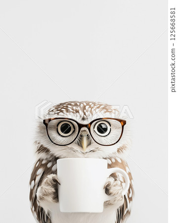 Cute owl with glasses holding a coffee cup, funny bird with adorable eyes on white background 125668581