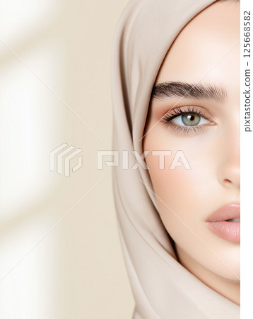 Elegant portrait of a beautiful woman in hijab showcasing beauty, face, and striking eyes. Elegant portrait of a beautiful woman in hijab showcasing beauty, face, and striking eyes. 125668582