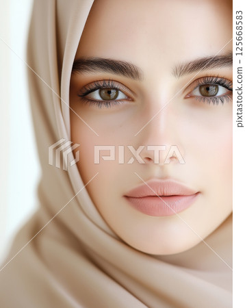 Beauty portrait of a woman in hijab with focus on face, eyes, and fashion elegance 125668583