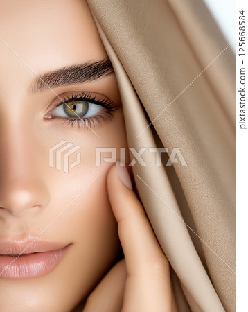 Elegant portrait of a woman highlighting beauty and natural fashion with a captivating eye focus. Elegant portrait of a woman highlighting beauty and natural fashion with a captivating eye focus. 125668584