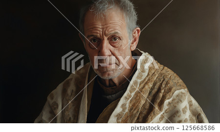 Captivating elderly man portrait with an expressive gaze in detailed painting featuring robes 125668586