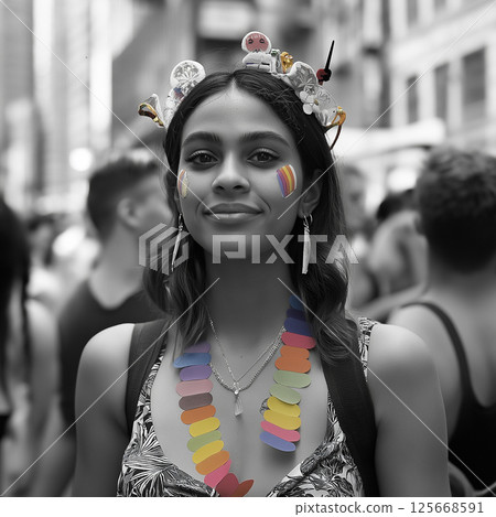 Festival celebration with street fashion and vibrant city colors in a joyful parade atmosphere Festival celebration with street fashion and vibrant city colors in a joyful parade atmosphere 125668591