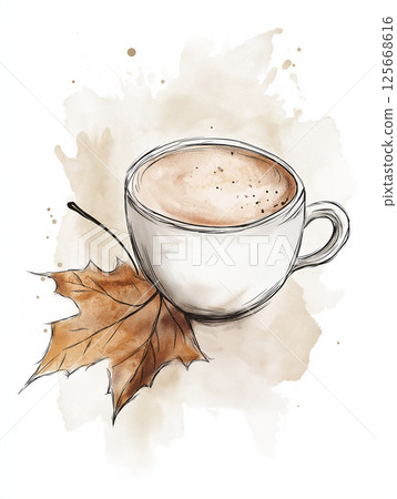 Autumn coffee beverage in a latte cup with an artistic leaf sketch illustration 125668616