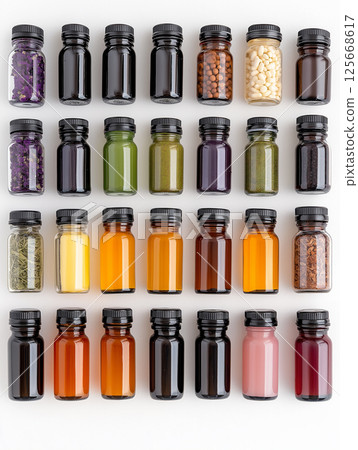 Assortment of colorful bottles in a row for aromatherapy and wellness Assortment of colorful bottles in a row for aromatherapy and wellness 125668617