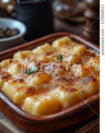 Cheesy gnocchi baked Italian dish for a delicious and savory dinner meal 125668621
