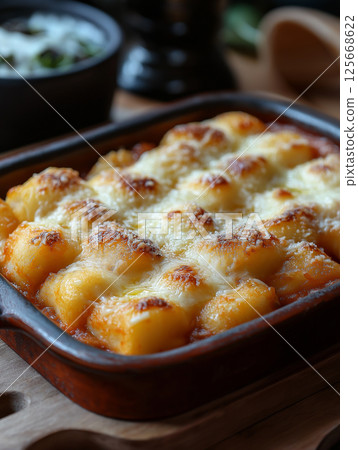 Delicious baked gnocchi with cheese, a savory Italian dish perfect for a satisfying meal. Delicious baked gnocchi with cheese, a savory Italian dish perfect for a satisfying meal. 125668622