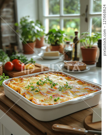 Homemade lasagna with cheese and herbs served for dinner in a rustic kitchen setting 125668624