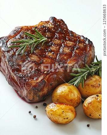 Delicious grilled steak with rosemary and potatoes, a savory gourmet meal perfect for dinner. 125668633