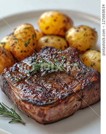 Delicious steak and potatoes with rosemary and herbs create a savory dinner meal. Delicious steak and potatoes with rosemary and herbs create a savory dinner meal. 125668634