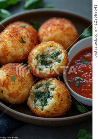 Crispy Italian Arancini with Basil and Cheese - Delicious Appetizer Recipe 125668641
