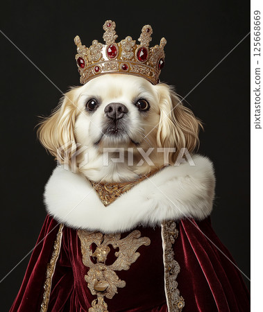 Cavalier dog in crown and gown, regal portrait of canine royalty with fur and costume 125668669